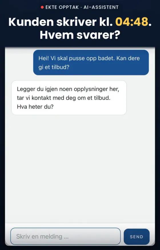 Skjermbilde av AI-chatten: kunden skriver en melding.