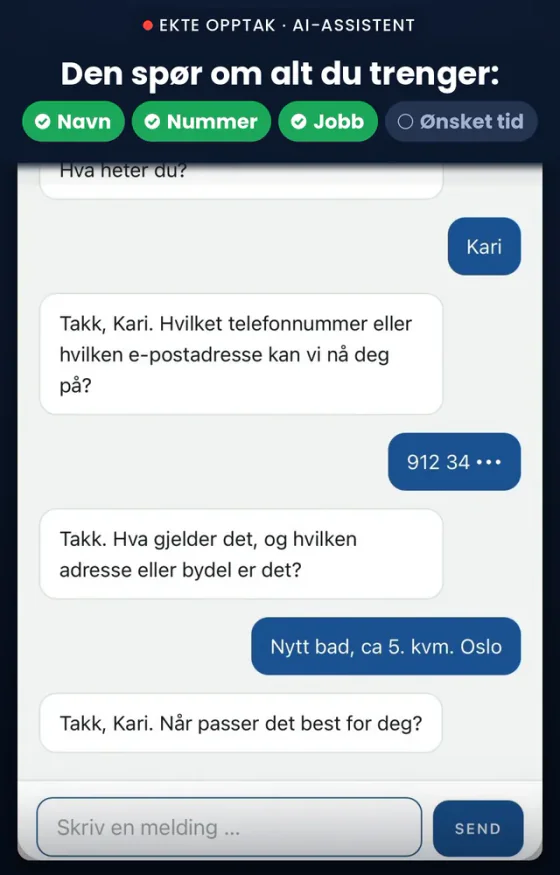 Skjermbilde av AI-chatten: chatten spør om navn, nummer og hva jobben gjelder.